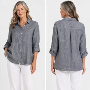 J.Jill Linen Tunic Blue Button Tab Sleeves Lightweight Size MT Summer Old Money
